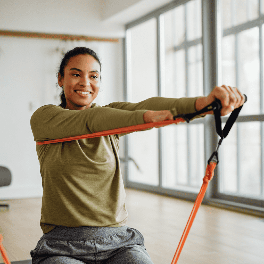 운동하는 여성과 피트니스 트레이닝 기구.